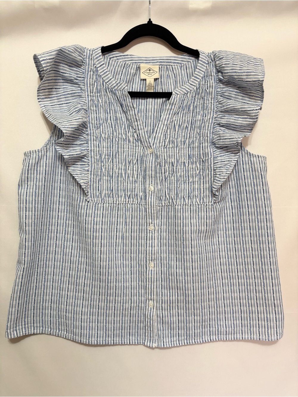 St. John’s Bay Blue White Striped Ruffle Shoulder Blouse Large cotton